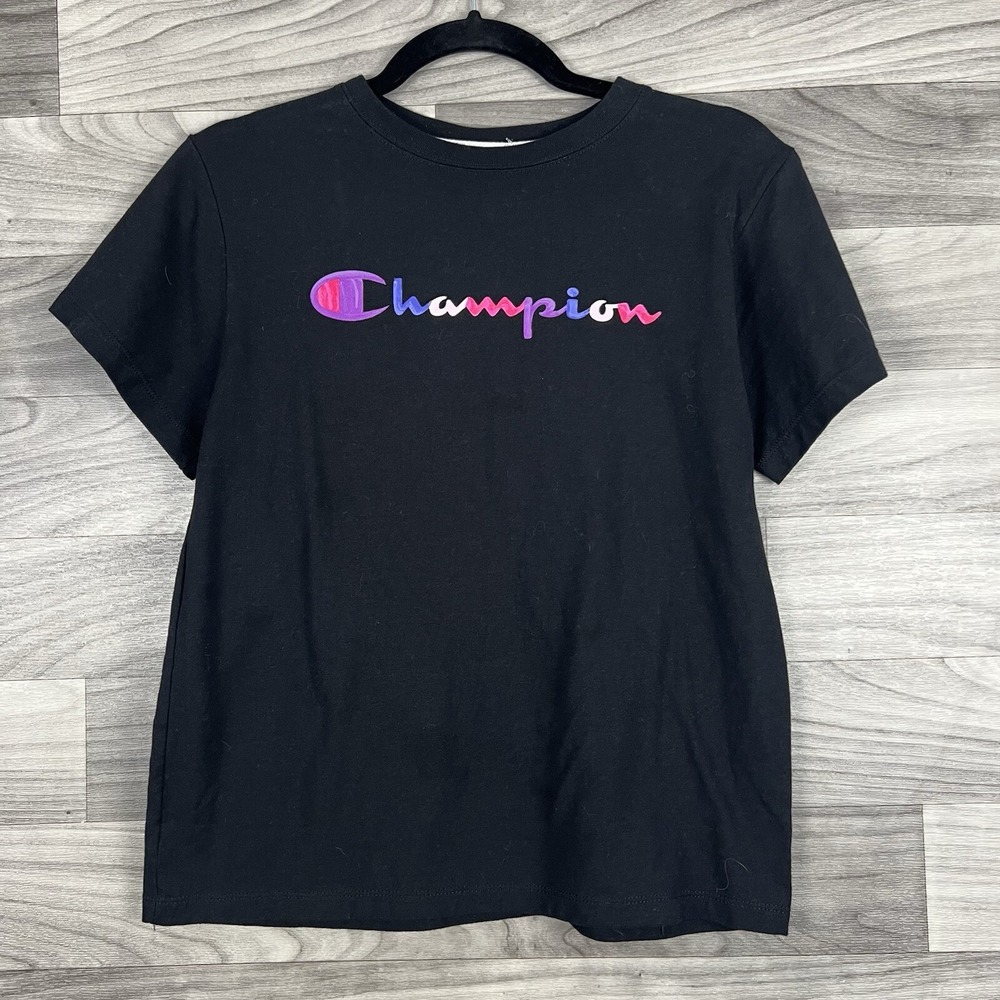 Champion T-Shirt Womens‎ S Black Logo Spell Out Short Sleeve Top Casual Active